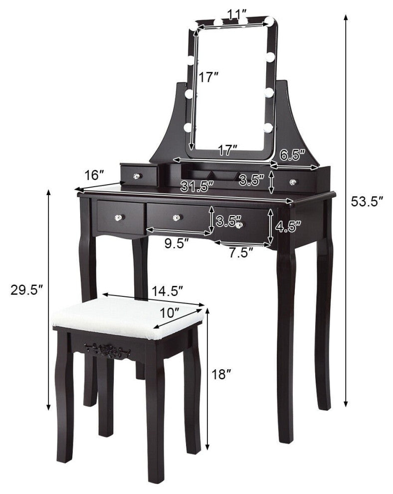 Elegant Vanity Set, Storage Drawers With Crystal Knobs & Lighted Mirror, Black