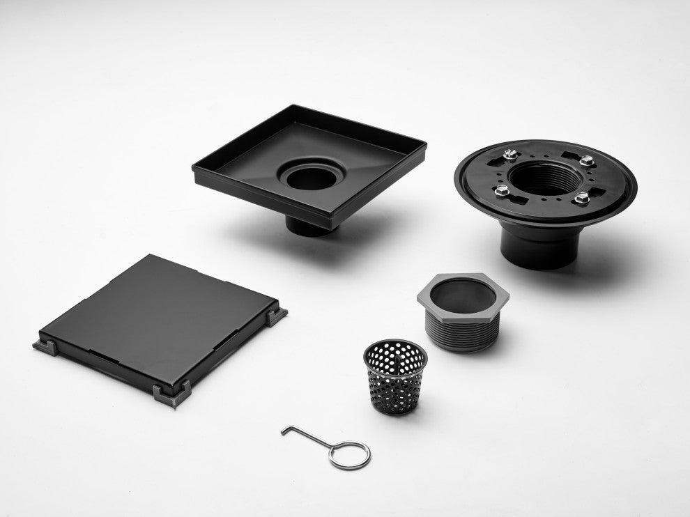 HEATGENE Square Shower Drain With Flat Cover With Base Flange, Matt Black, 4"