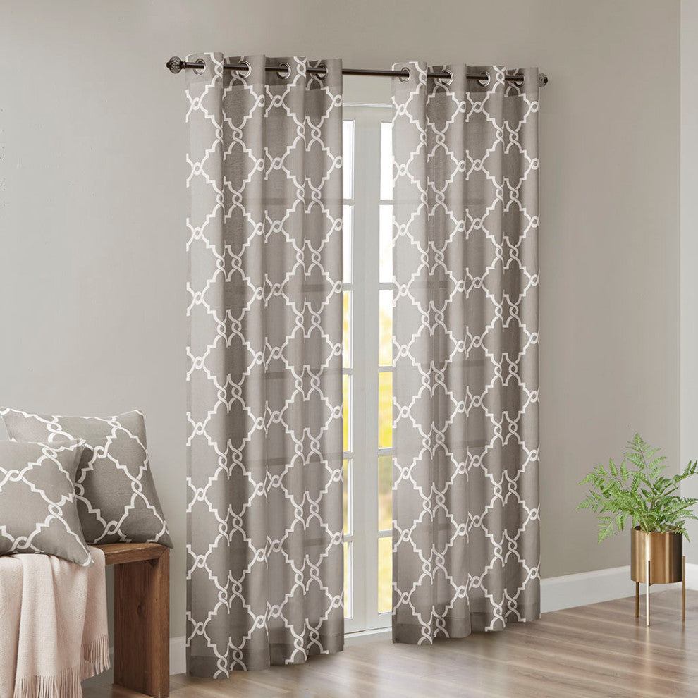 Madison Park Saratoga Fretwork Print Grommet Top Window Curtain Panel, Grey