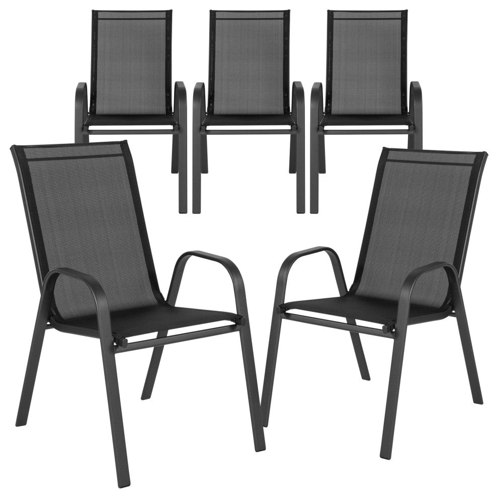 Set of 5 Patio Chair, Metal Frame With Curved Arms & Comfortable Backrest, Black