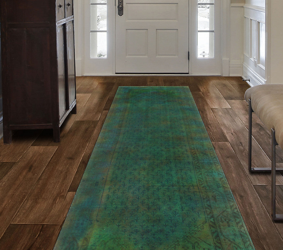 Vintage Distressed Bartram Green/Blue Runner, 3'0x9'2