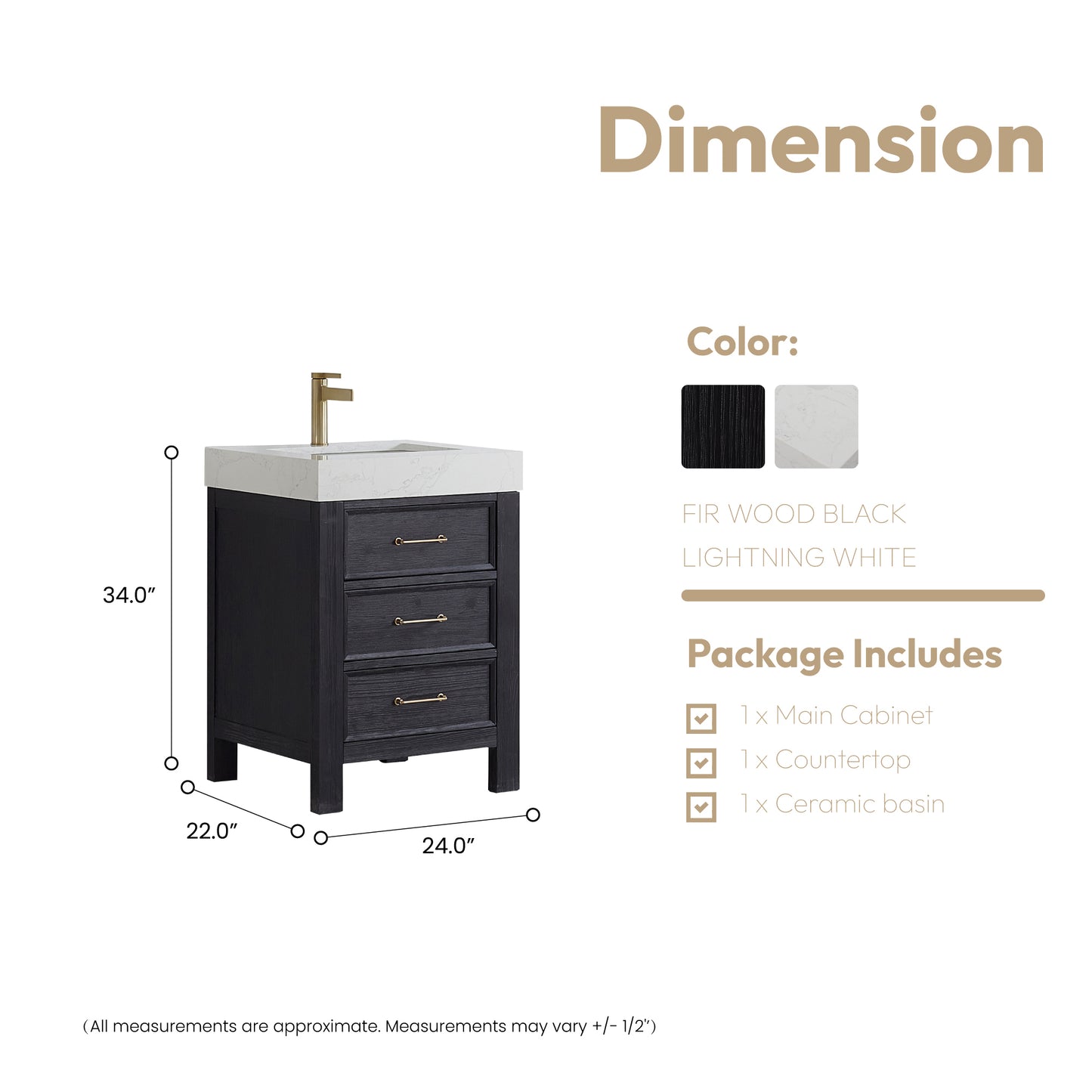 Leon Bath Vanity With Composite Stone Top, Fir Wood Black, 24", No Mirror