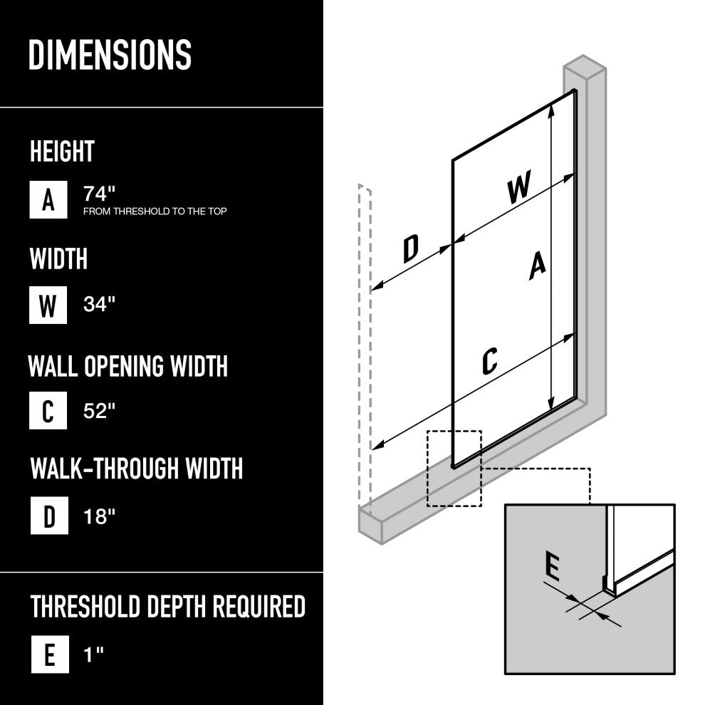 VIGO Zenith Frameless Fixed, Chrome, Shower Screen, 34" W X 74" H, Clear Glass