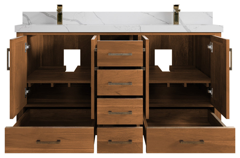 Malibu Teak 60 Double Sink Bathroom Vanity in Golden Teak  2" Calacatta Laza