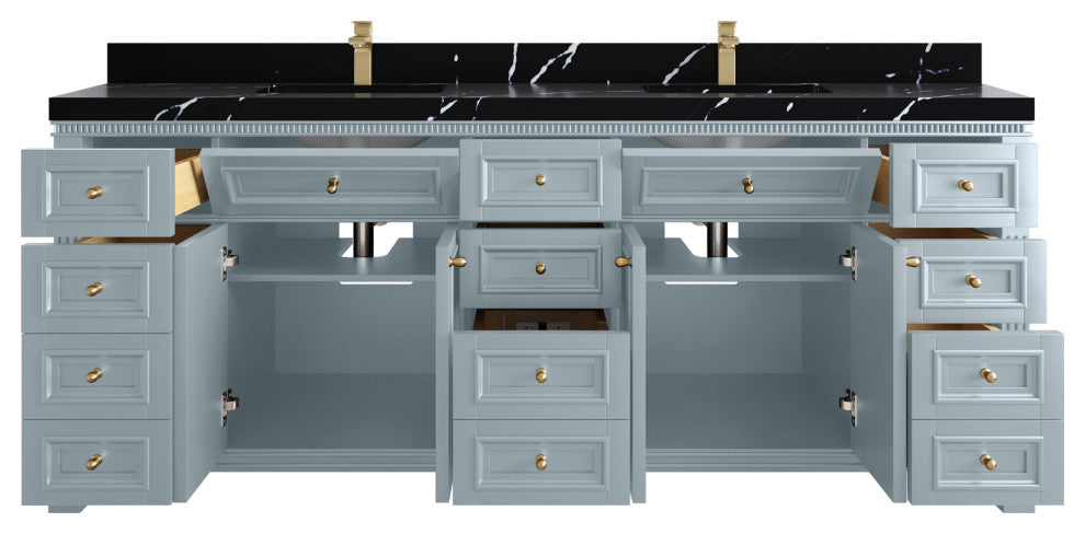 Paris 84" Double Sink Bathroom Vanity, Blue Heather 2" Calacatta Black
