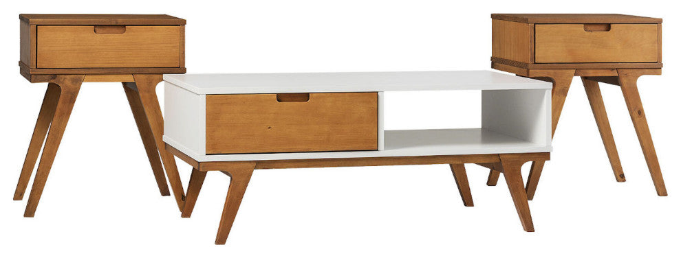 Mateo 3-Piece Bridge Leg Table Set - White and Caramel/Caramel