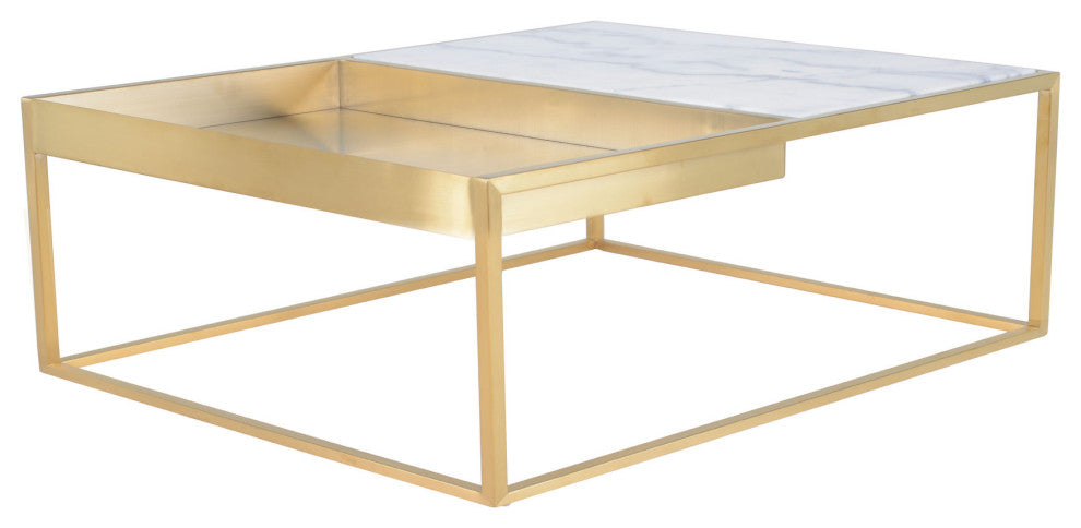 Corbett Square Coffee Table, Gold Coffee Table, Modern White Marble Top