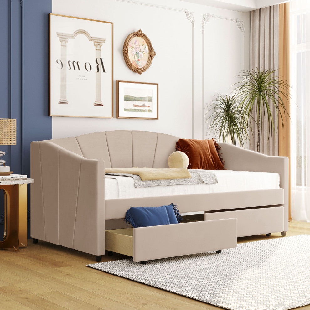 Gewnee Upholstered Twin Size Daybed with Two Drawers in Beige