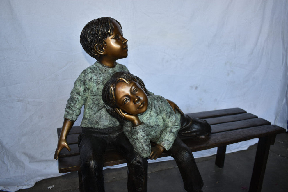 Brother and Sister on A Bench Enjoying Outdoors Bronze Statue 18" x 39" x 33"