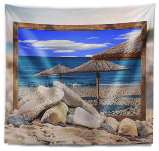 Framed Effect Beach Umbrellas Seashore Wall Tapestry, 60"x50"