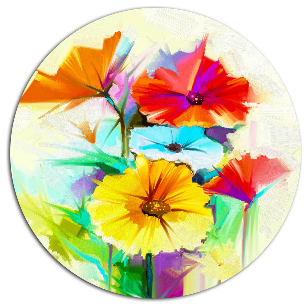 Colorful Gerbera Flower Sketch On White, Floral Disc Metal Artwork, 23"