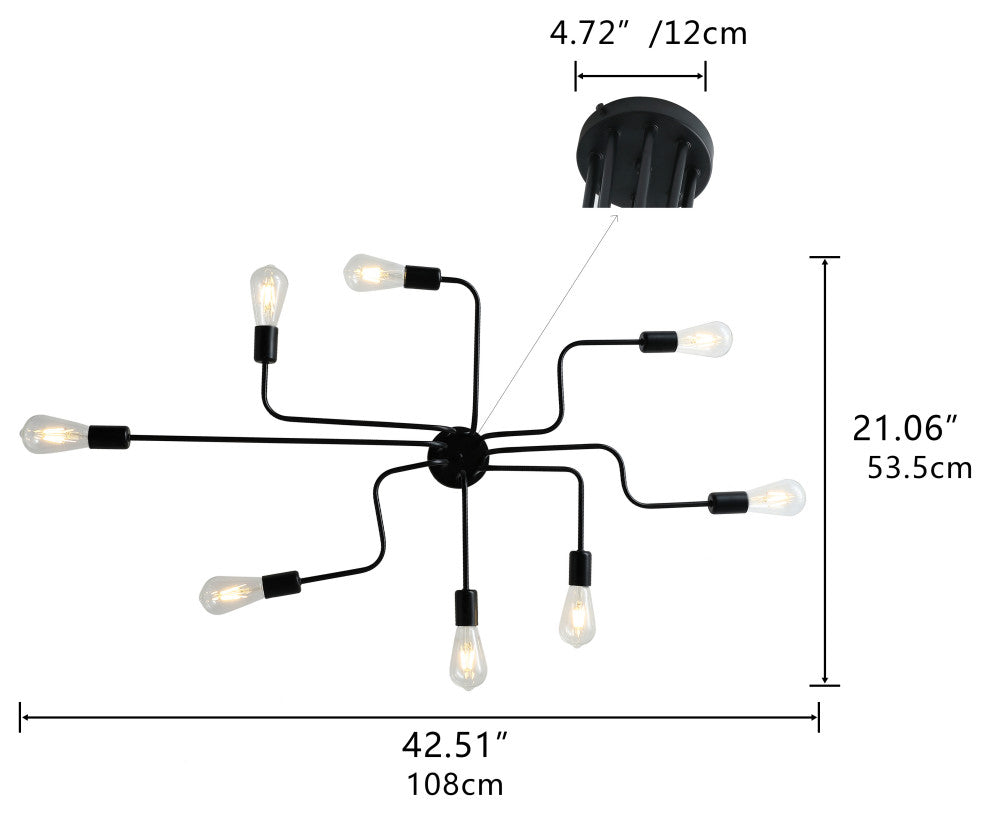 Modern Sputnik Design Semi Flush Mount Ceiling Light, Black