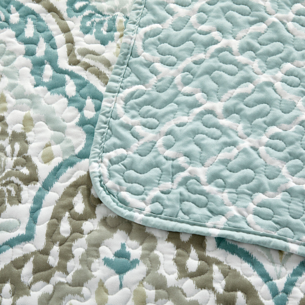 Tivoli Ikat Quilted 5 Piece Bed Spread Set, Teal Aqua, Floor Touching King