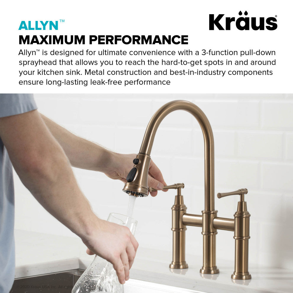 Allyn Traditional 3-Function Bridge Pull-Down Kitchen Faucet Brushed Gold