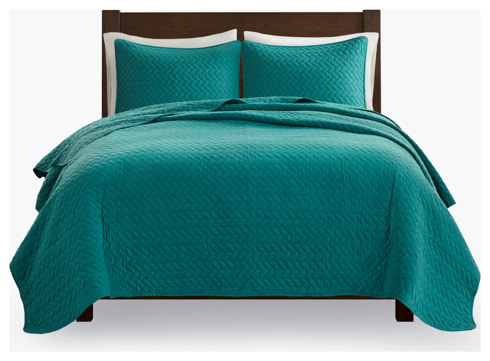 Hampton Hill Velvet Touch Herringbone Oversize 3-Piece Coverlet, Teal, Queen