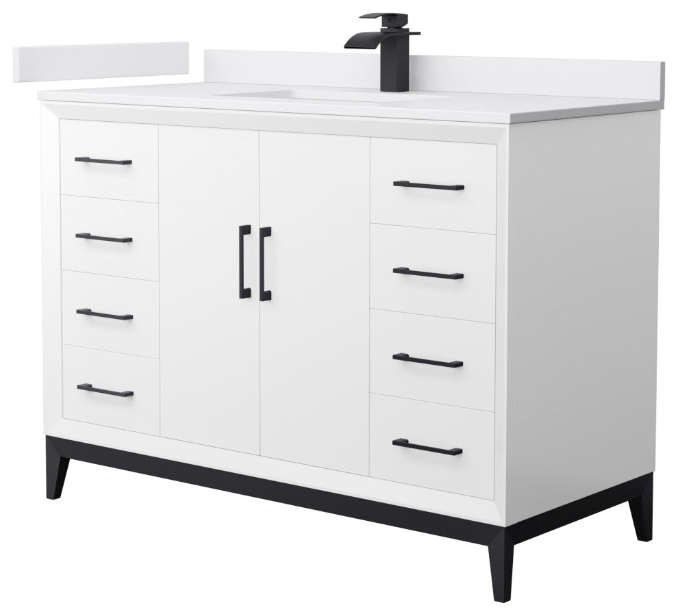 Amici 48" White Single Vanity, White Cultured Marble Top, Matte Black Trim