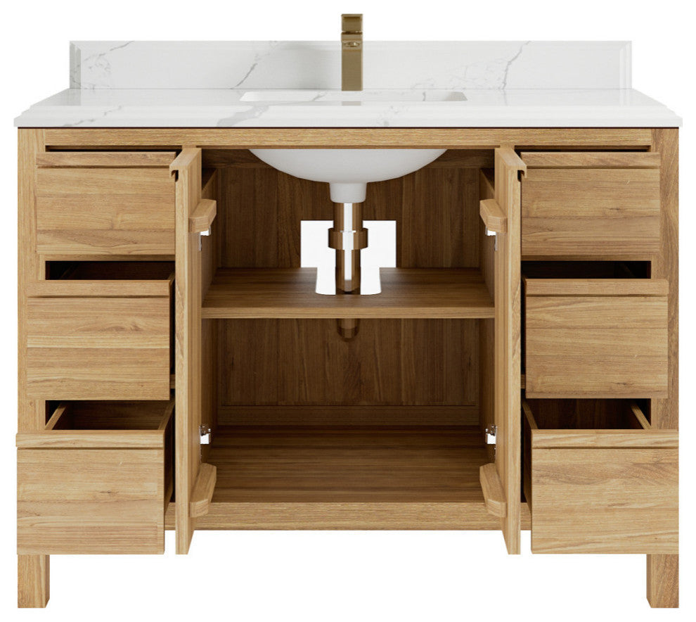 Elizabeth 48 Single Sink Bath Vanity in Light Natural Teak 1.5" Calacatta Laza
