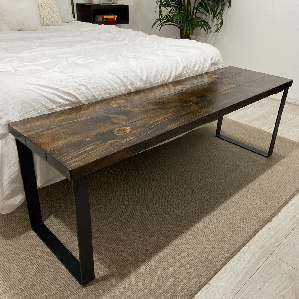 Bedroom or Entryway Bench, Heavy Duty Industrial Metal Legs, Dark Brown, Length 36", Fits Twin Bed