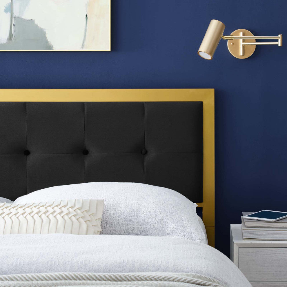 Tufted Headboard, Full Size, Velvet, Metal, Gold Black, Modern Contemporary