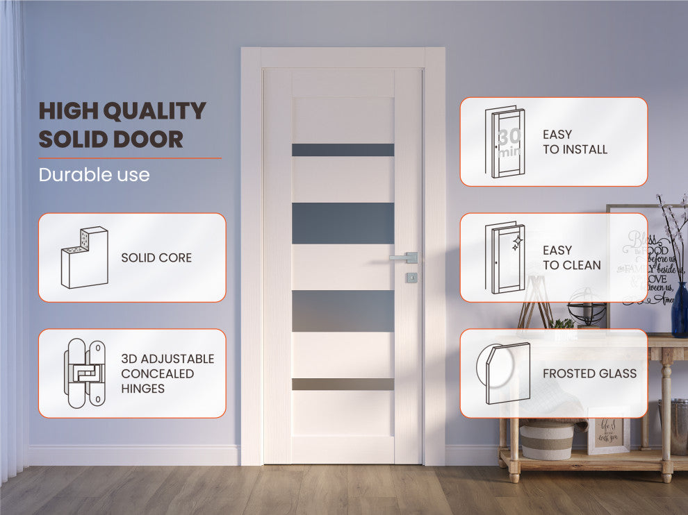 Mirella Bianco Noble with Concealed Hinges, Tempered Frosted Glass, Solid Core, 24" X 80", Left-Hand