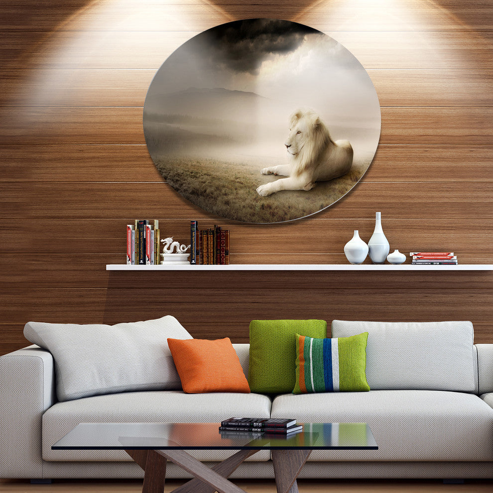 King Of Animals At Sunset, Animal Round Metal Wall Art, 36"