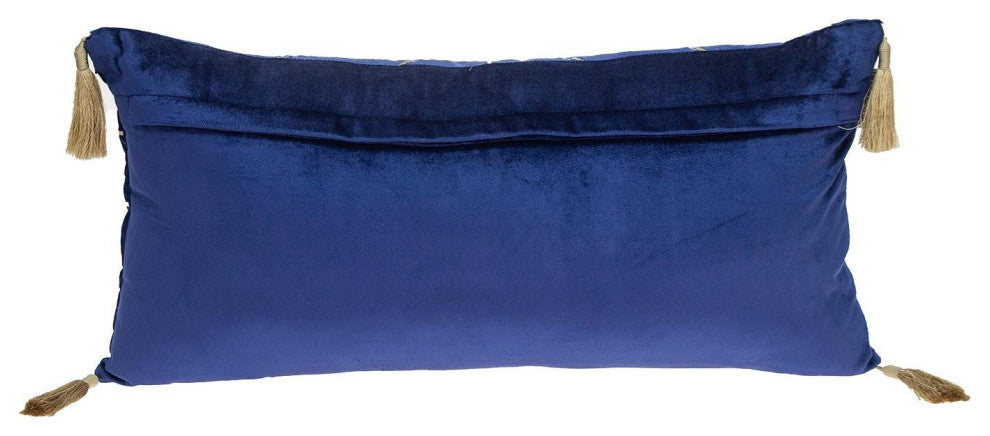 Blue and Gold Geo Velvet Lumbar Pillow With Gold Tassels