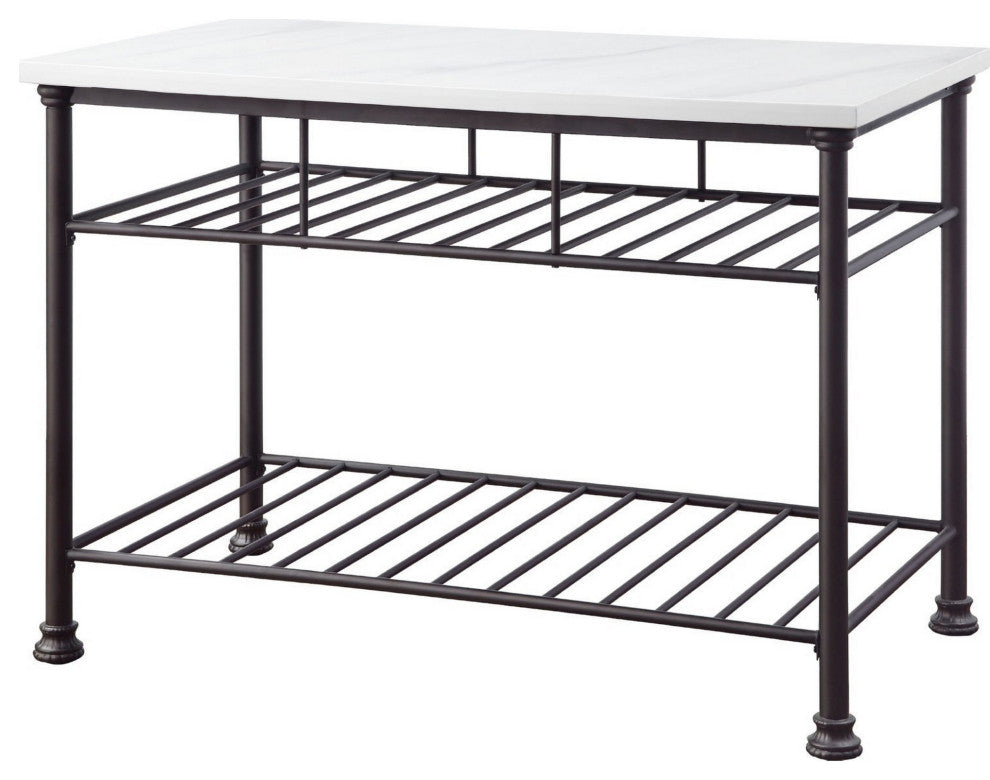 Benzara BM250299 Kitchen Island, Artificial Marble Top/2 Slatted Shelf, White