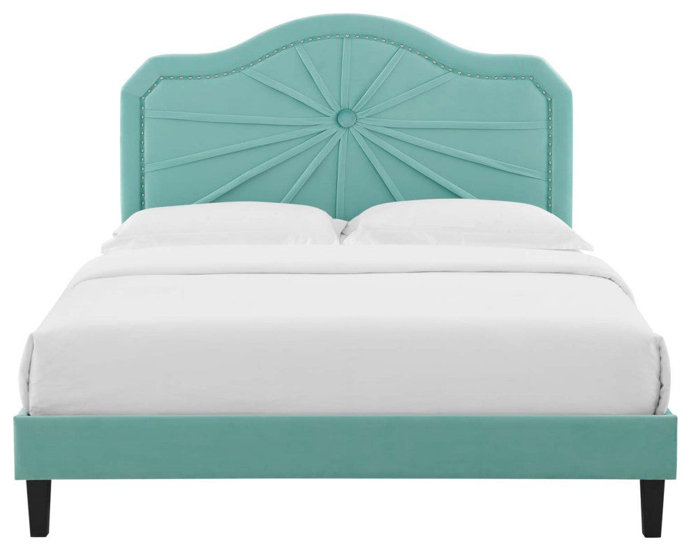 Platform Bed Frame, Queen Size, Velvet, Blue, Modern Contemporary, Bedroom