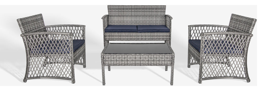 WestinTrends 4PC Outdoor Woven Rattan Wicker Conversation Set Patio Furniture, Navy