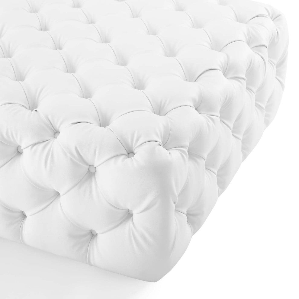 Tufted Accent Chair Ottoman, Square, Faux Leather, White, Modern, Lounge