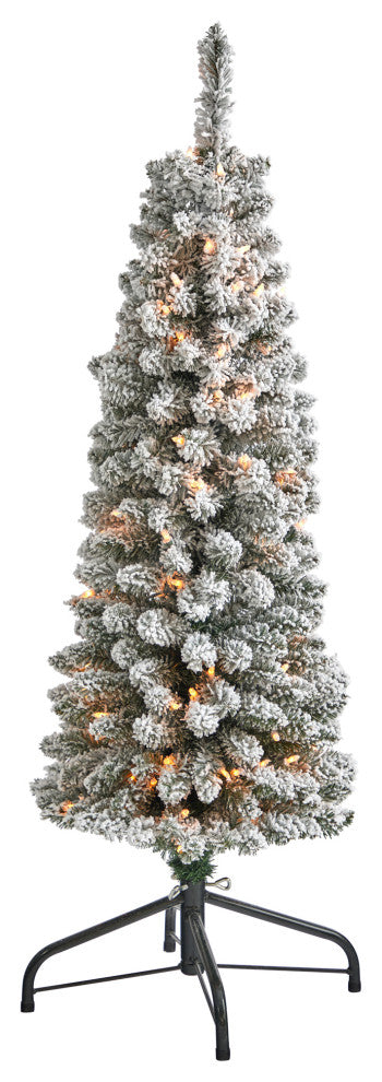 Nearly Natural 4ï¿½ Flocked Pencil Artificial Christmas Tree with 100 Clear Lights
