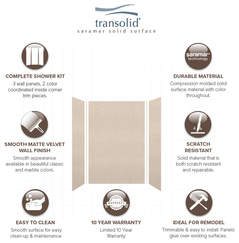 Transolid SaraMar 48"x36"x72" 3-Piece Shower Wall Kit, Cashew Velvet