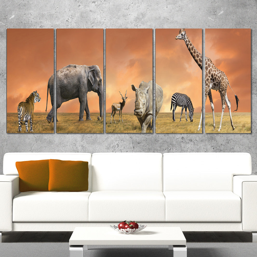 Savannah Wildlife Panorama, African Canvas Art Print, 60"x28", 5 Panels