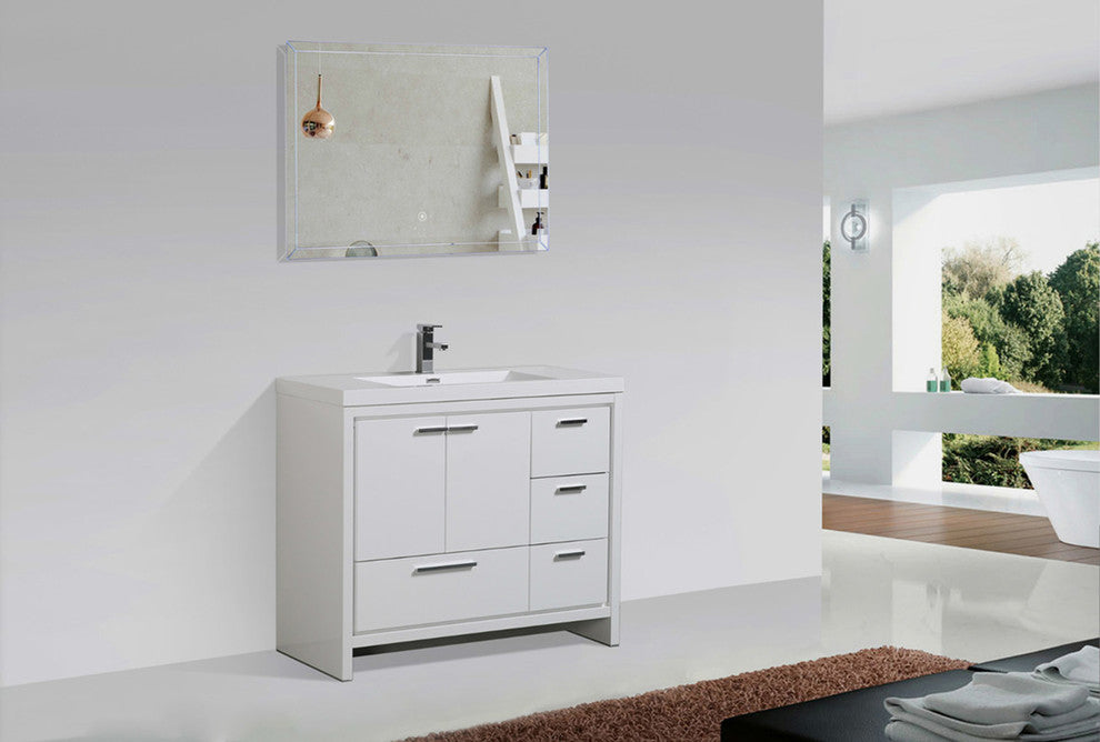 Alma Allier 42 inch free standing vanity with sink, Gloss White, Right Drawer