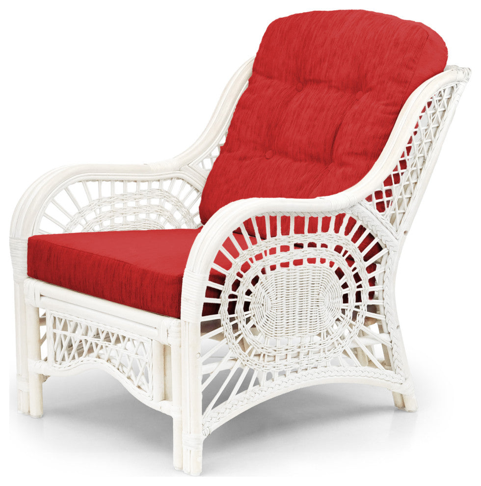 Malibu Lounge Armchair, Natural Rattan Wicker, White, Red Cushions