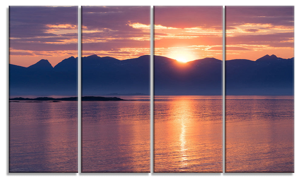 "Norwegian Seashore At Sunset" Modern Seascape Canvas Artwork, 4 Panels, 48"x28"