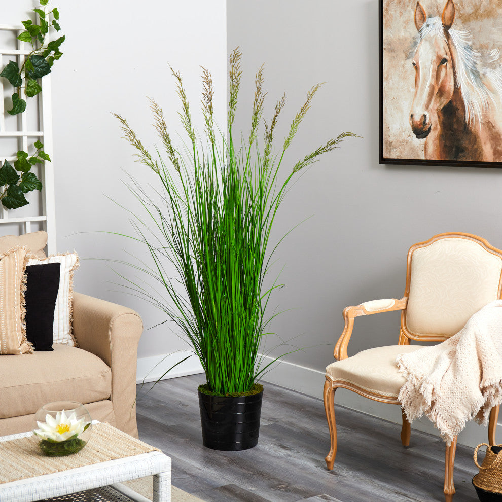 6' Grass Artificial Plant, Black Tin Planter