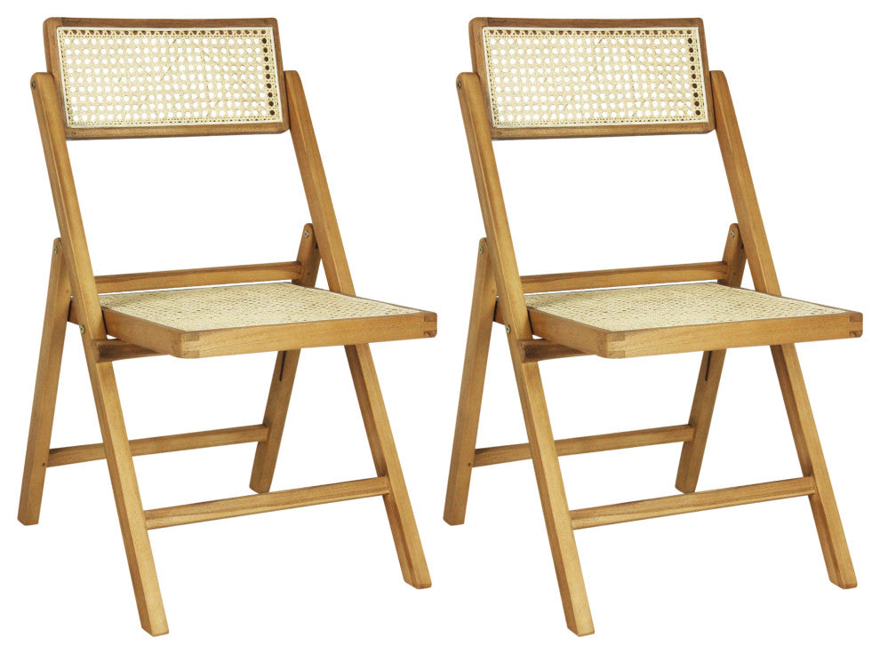Vintage Wood Rattan Folding Chair, Adjustable Back, Light Brown, Set of 2