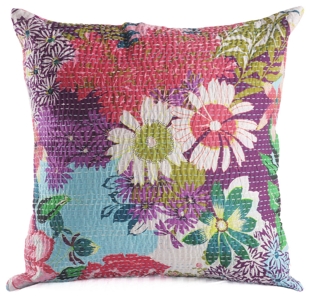 Floral Garden Kantha Throw Pillow