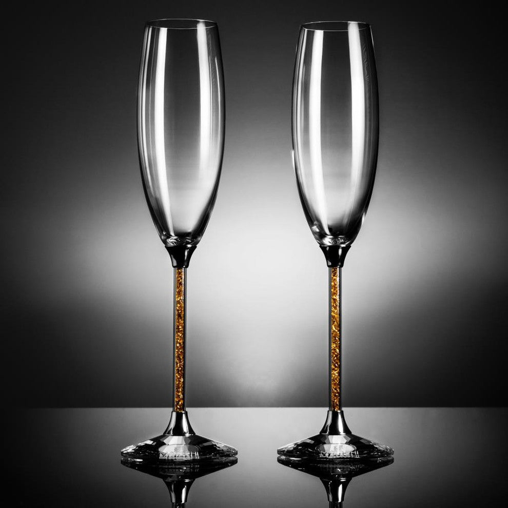 Set of 2 - 8 oz. Crystal Champagne Glasses Flutes w/ Elegant Crystal Filled Stem