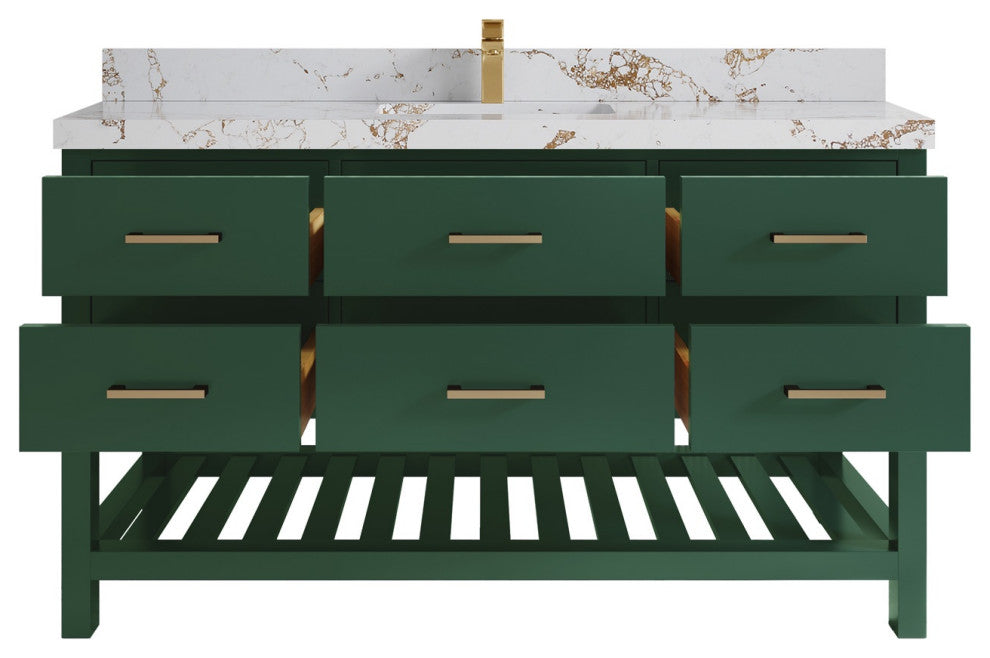 Parker 60" Single Sink Bath Vanity, Lafayette Green 2" Viola Gold