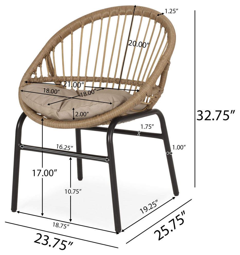 Dero Outdoor Wicker Dining Chairs With Cushion, Set of 2, Light Brown and Beige