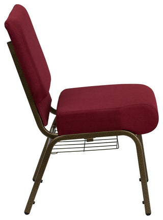 HERCULES 21'W Church Chair, Burgundy Fabric, Cup Book Rack, Gold Vein Frame