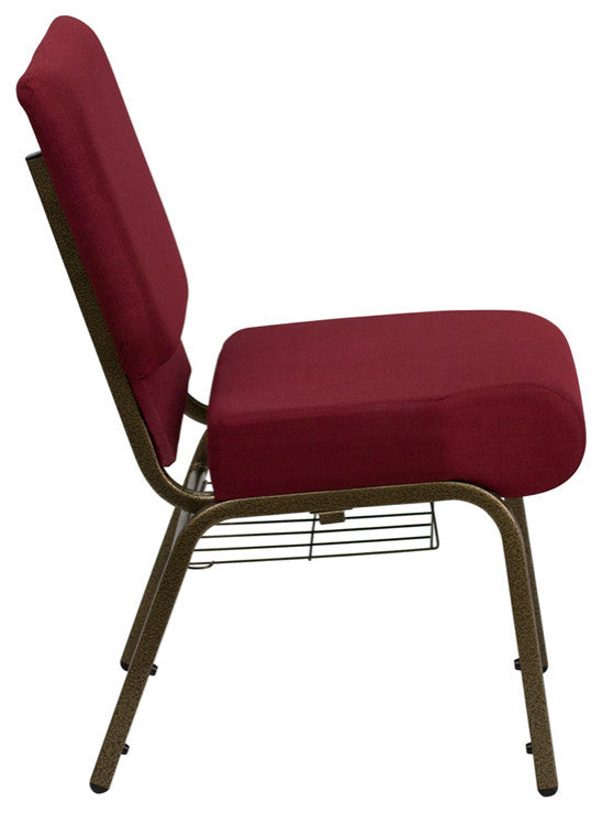 HERCULES 21'W Church Chair, Burgundy Fabric, Cup Book Rack, Gold Vein Frame