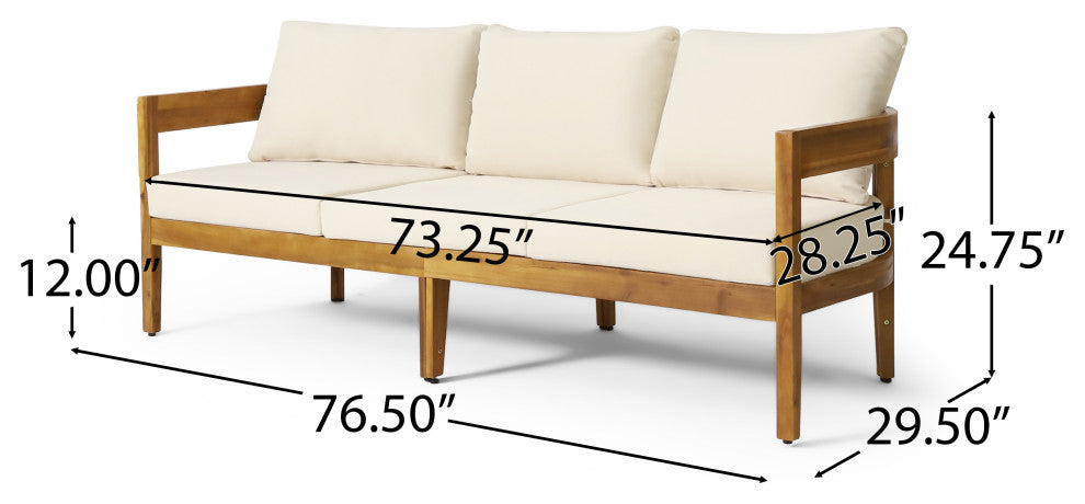 Brooklyn Outdoor Acacia Wood 3 Seater Sofa with Cushions, Teak and Beige