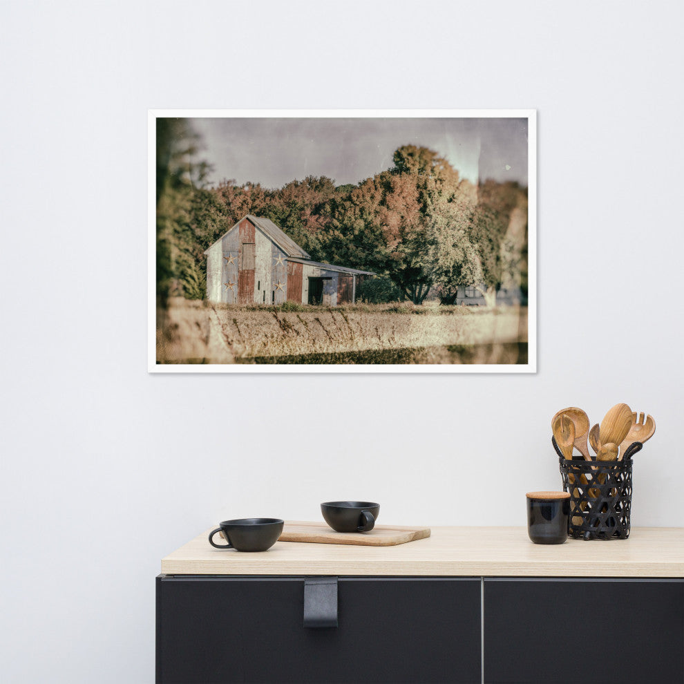 Patriotic Weathered Barn in Field Glass Plate Framed Photo Paper Wall Art Prints, White, 24" X 36"