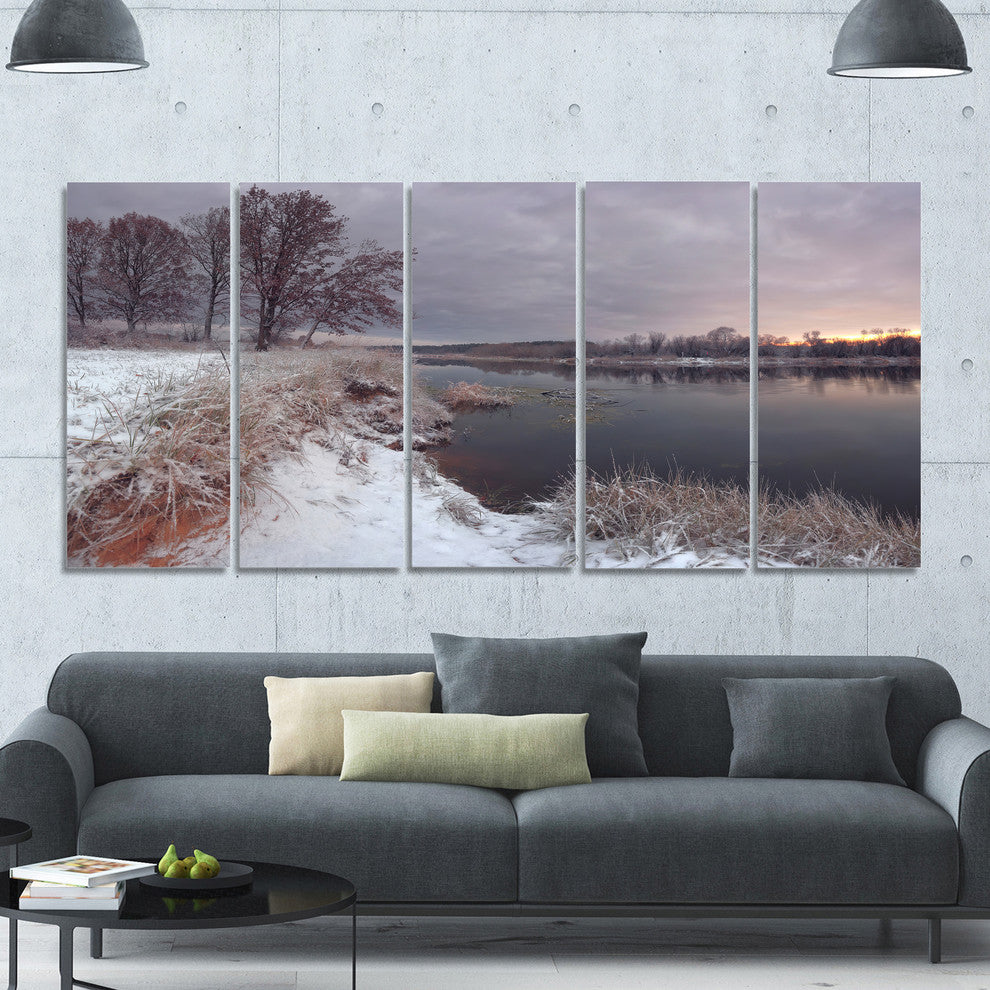 Winter River in Dark Morning, Seashore Wall Art on Canvas, 60"x28", 5 Panels