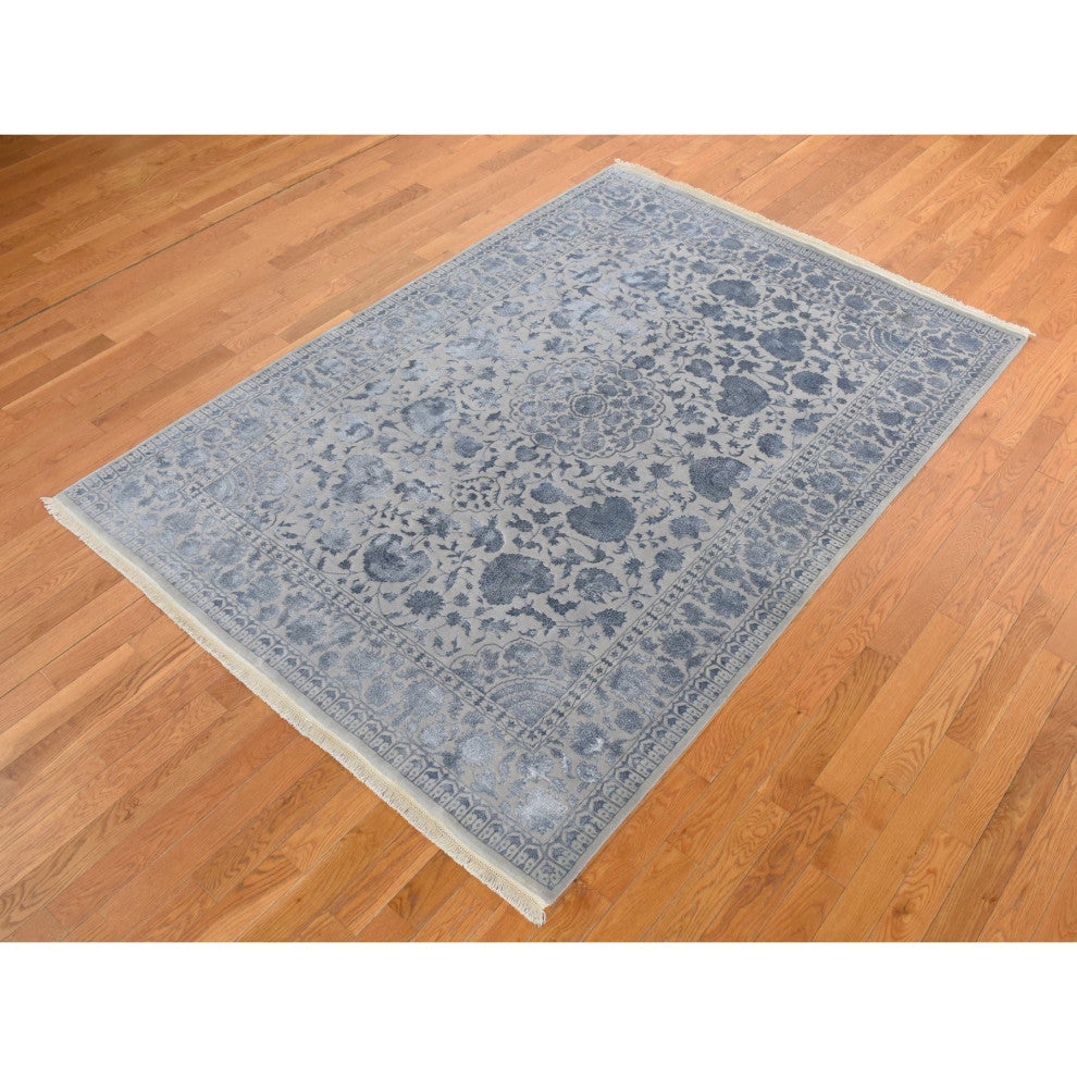 Silk Gray Kashan 250 KPSI Half Wool Half Silk Hand Knotted Rug 5'7"x7'10"