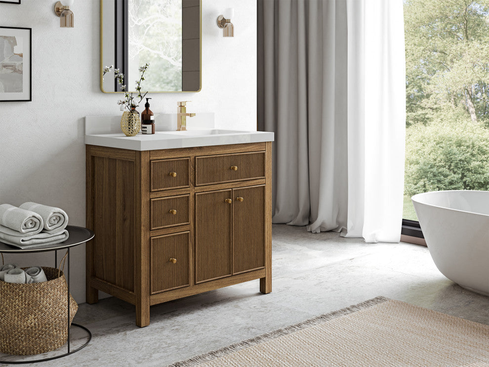 Sonoma Teak 36 Right Offset Bath Vanity in Dark Natural with 2" Carrara Marble