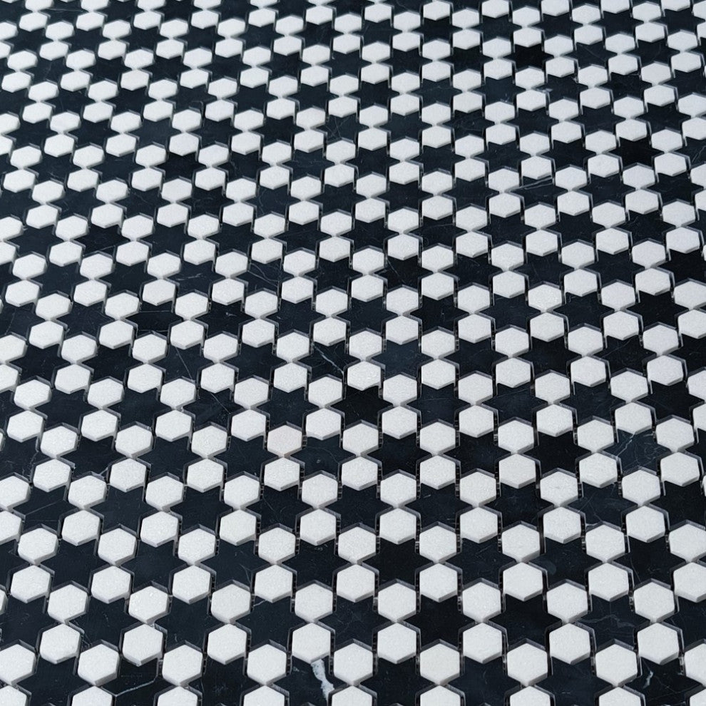 Thassos White Marble Starry Night Hexagram Hexagon Mosaic Tile Black, 1 sheet